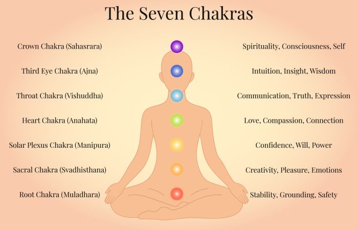 A vector illustration of a human silhouette with seven chakras aligned along the spine. Each chakra is labeled with its Sanskrit name and meaning. Minimalist design with glowing symbols on a soft gradient background. Suitable for yoga, meditation, healing, and energy-related themes.